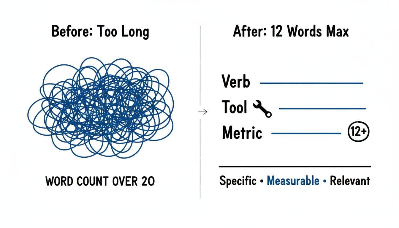 Hand-drawn minimalist split-panel illustration comparing wordy 'Before' resume bullet points as tangled lines to concise 'After' versions with clean lines, highlighting verb, tool, metric under 12 words.