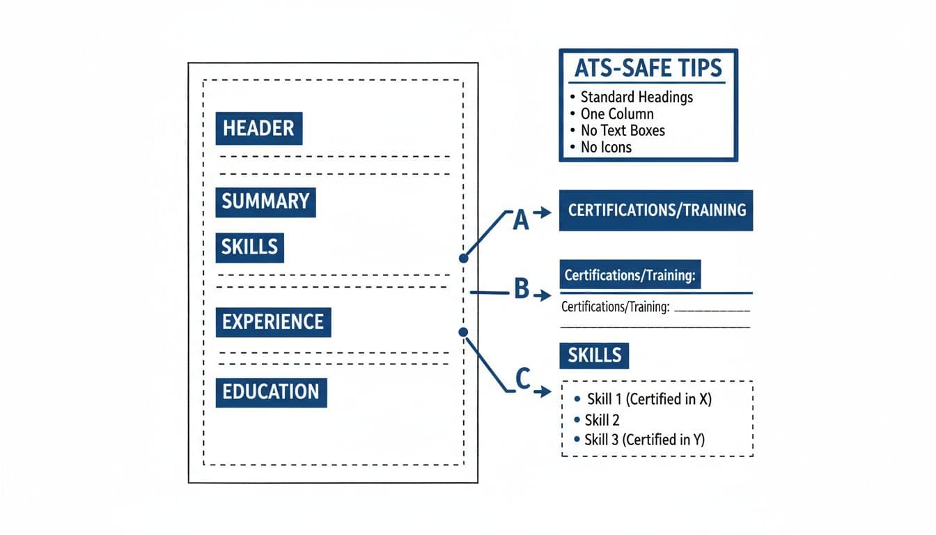 Hand-drawn infographic in black and deep blues on white background showing a simple resume wireframe with sections like Header, Summary, Skills, Experience, Education, and three options for certifications placement using arrows. Includes a callout box with ATS-safe tips such as standard headings, one column, no text boxes, no icons.