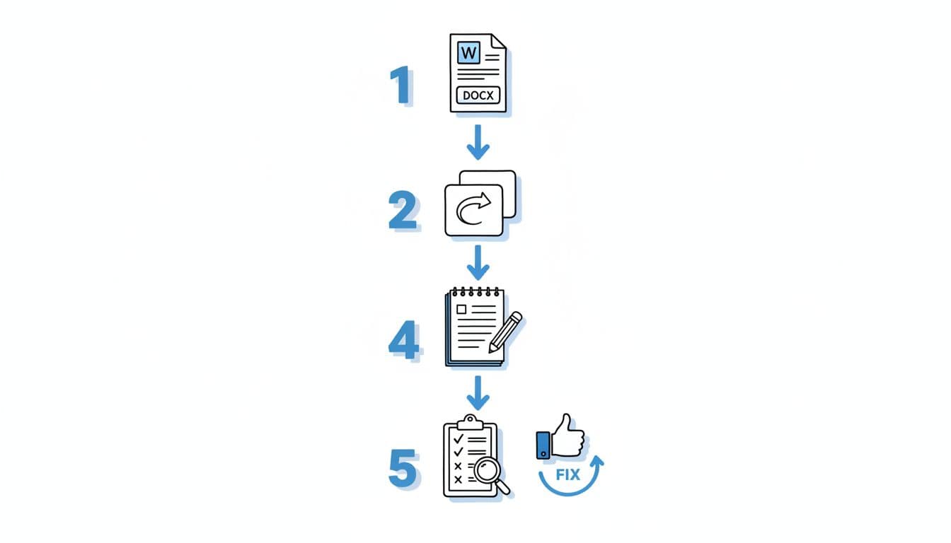 Hand-drawn vertical flowchart infographic showing five numbered steps for the copy-paste test on resumes to ensure ATS compatibility: save as DOCX, copy text, paste into notepad, check issues, fix and retest.