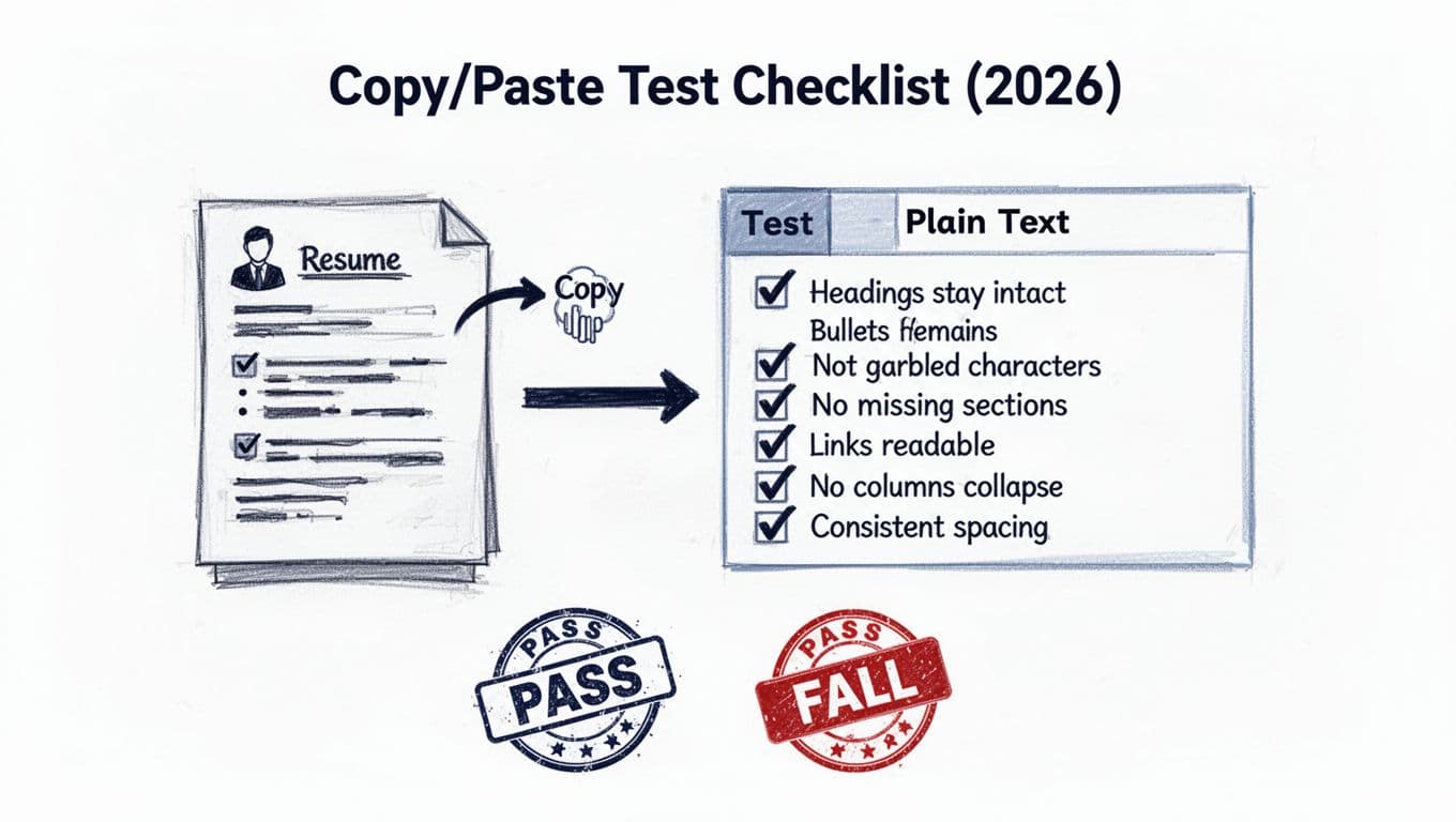 Hand-drawn illustration infographic depicting a resume snippet copied from a document to a plain-text box, with a checklist verifying formatting integrity including headings, bullets, dates, and more, plus pass and fail stamps.
