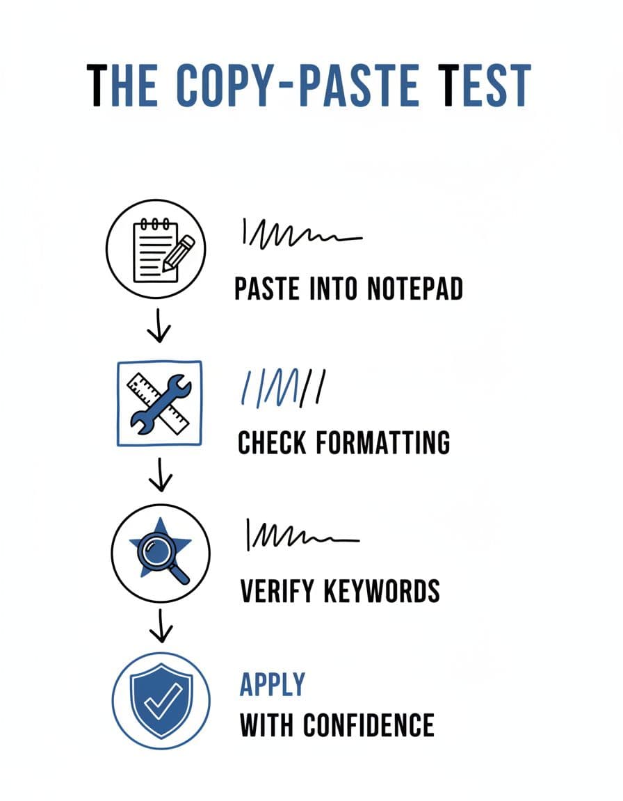 Hand-drawn illustration in blacks and blues on white background showing an infographic checklist for the copy-paste test on resumes, with simple icons for steps like pasting into notepad, checking formatting, and verifying keywords in a vertical flow.