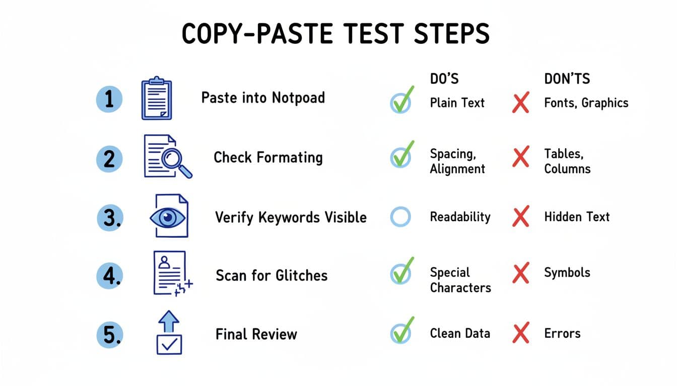 Hand-drawn infographic in blacks and blues on white background illustrating the copy-paste test steps for resumes with simple icons, numbered 1-5 steps, dos in green checks, and don'ts in red X's for fonts, graphics, and tables.