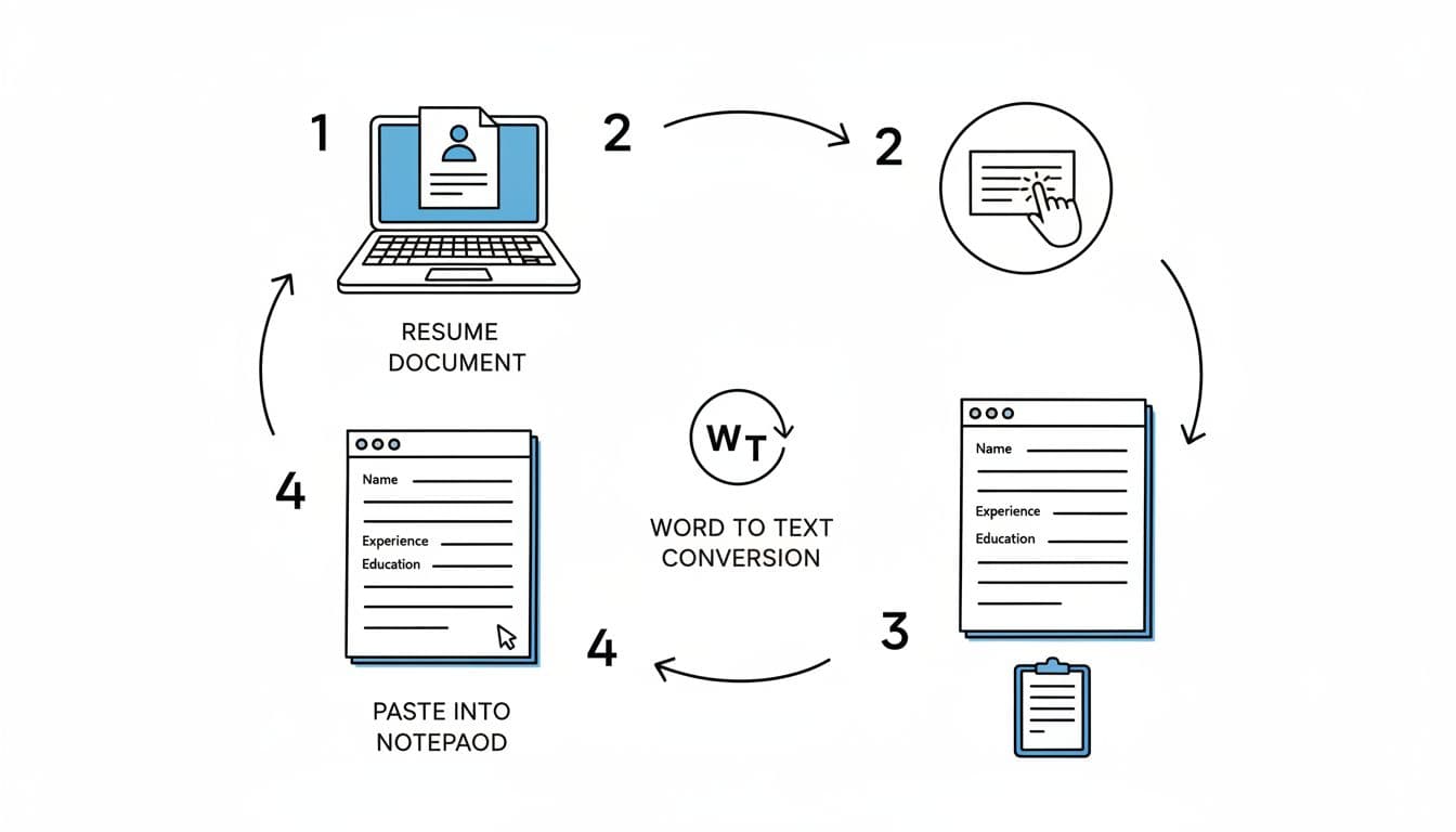 Hand-drawn black and blue illustration on white background depicting the copy-paste test process: resume open on laptop, copy action, paste into notepad showing preserved plain text structure, connected by arrows labeled 1-4 with minimal icons.