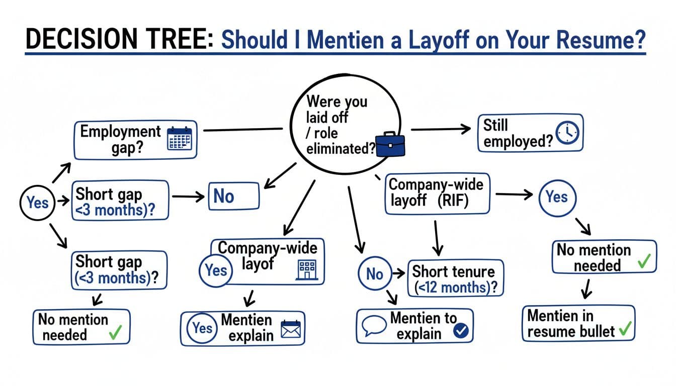 Hand-drawn decision tree infographic in minimal black and deep blue linework on white background, guiding users on whether to mention a layoff on their resume based on gap length, tenure, and layoff type.