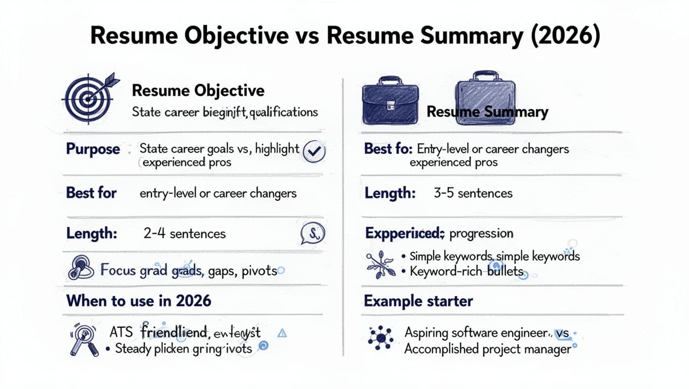 Hand-drawn illustration-style infographic featuring a two-column comparison chart of Resume Objective versus Resume Summary, including purpose, best for, length, focus, 2026 usage, ATS friendliness, and example starters with simple icons.