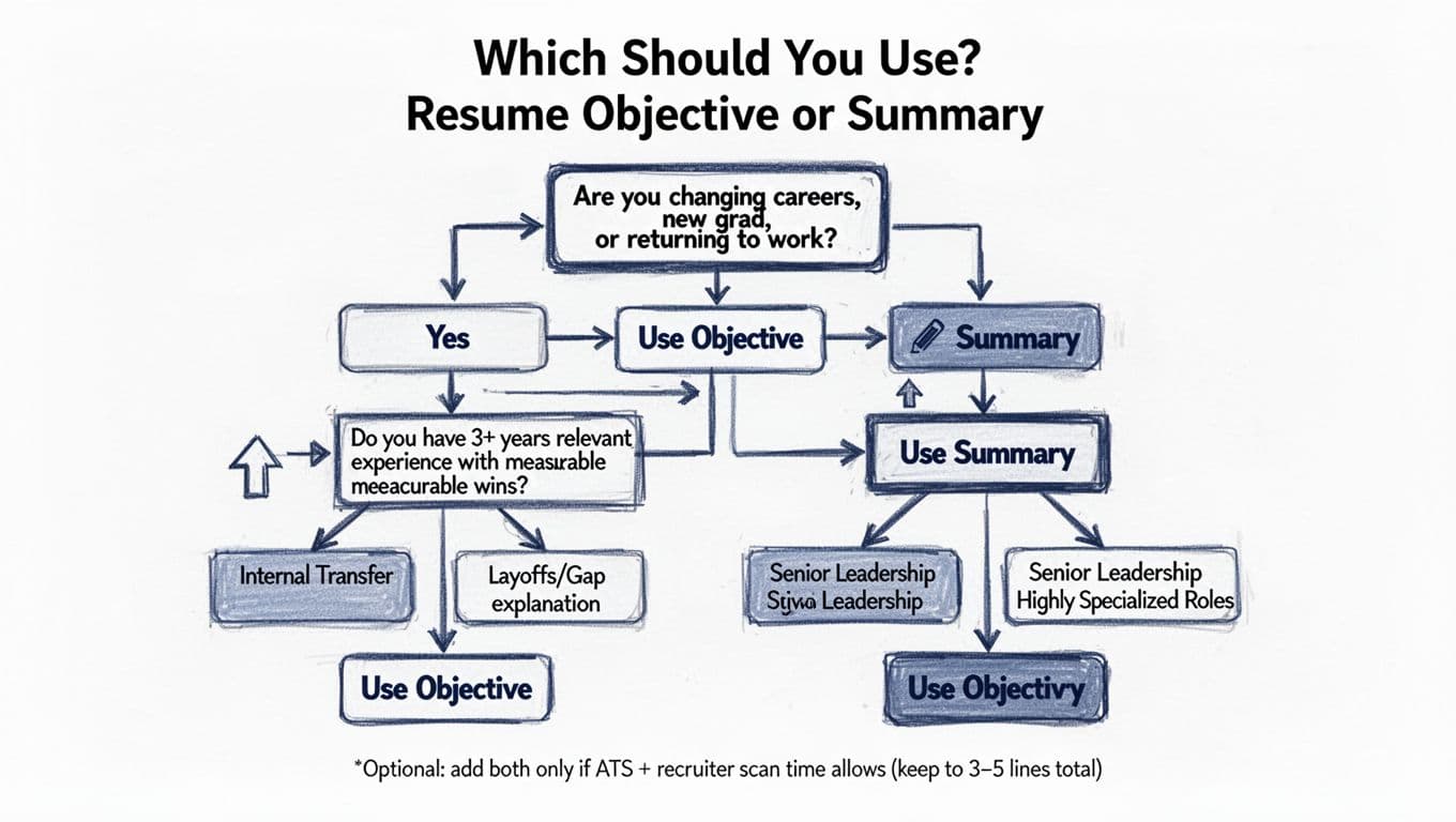 Hand-drawn illustration-style flowchart on white background depicting a decision tree for choosing between resume objective or summary based on career changes, experience, and roles.