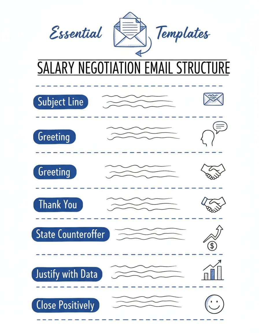 Hand-drawn illustration in blacks and blues on white background showing a clean editorial-style infographic of salary negotiation email structure, including subject line, greeting, thank you, counteroffer with data justification, and positive close in a vertical email mockup with icons, lines, envelope, and paper elements—no text, people, or extras.