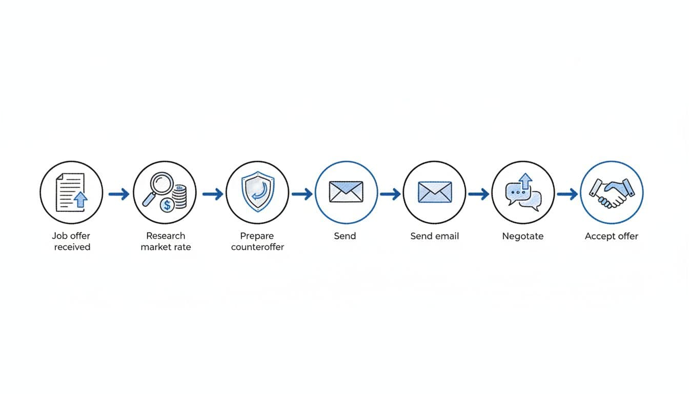 Hand-drawn black and blue line art infographic on white background illustrating the step-by-step salary negotiation process as a horizontal timeline with icons and arrows. Steps include job offer received, research market rate, prepare counteroffer, send email, negotiate, and accept offer, featuring clean visual hierarchy and no text or people.