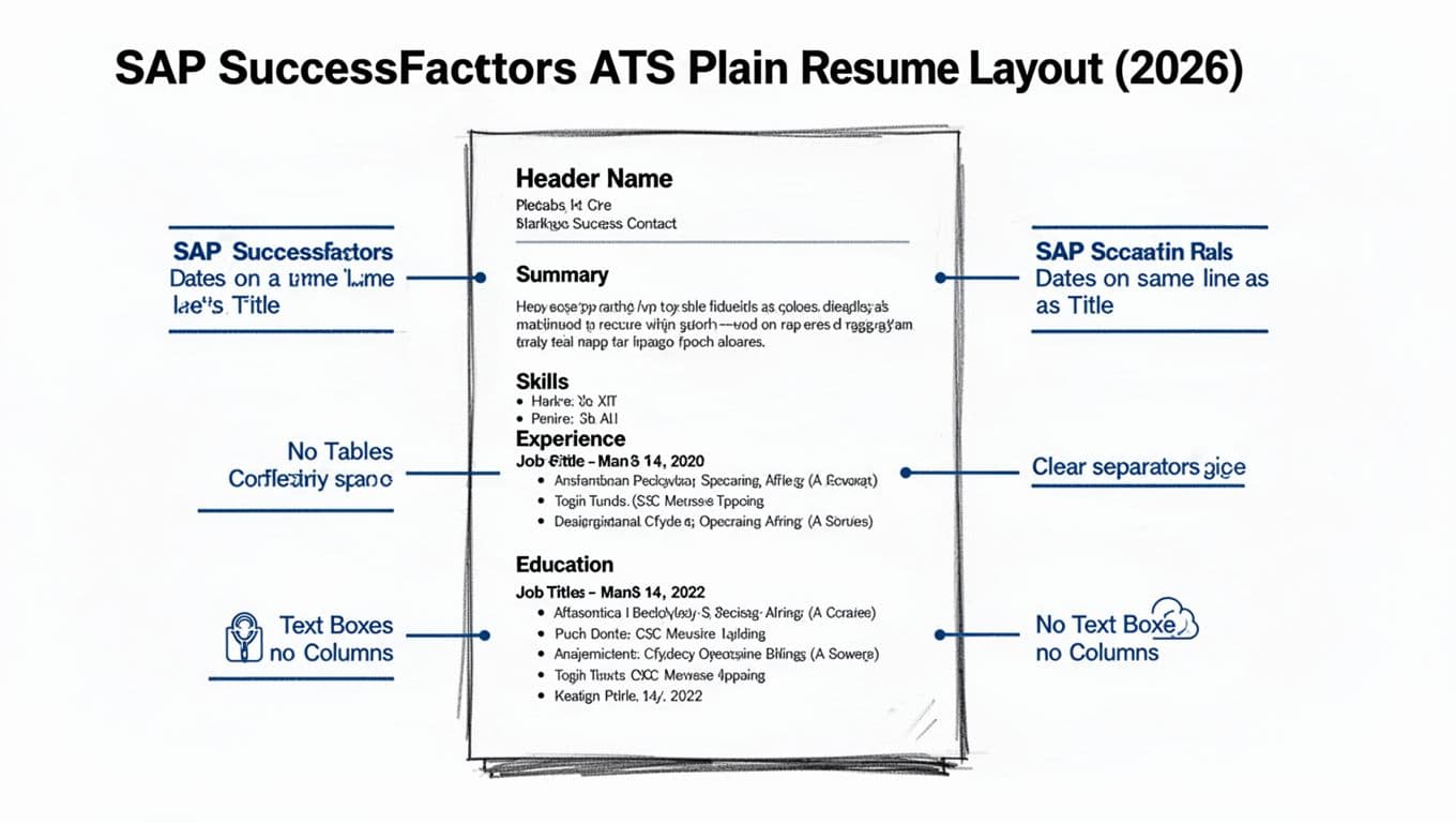 Hand-drawn infographic wireframe of a simplified, ATS-optimized plain resume page for SAP SuccessFactors, featuring header, summary, skills, experience, and education sections with blue callouts for safe formatting rules like left alignment and no tables.