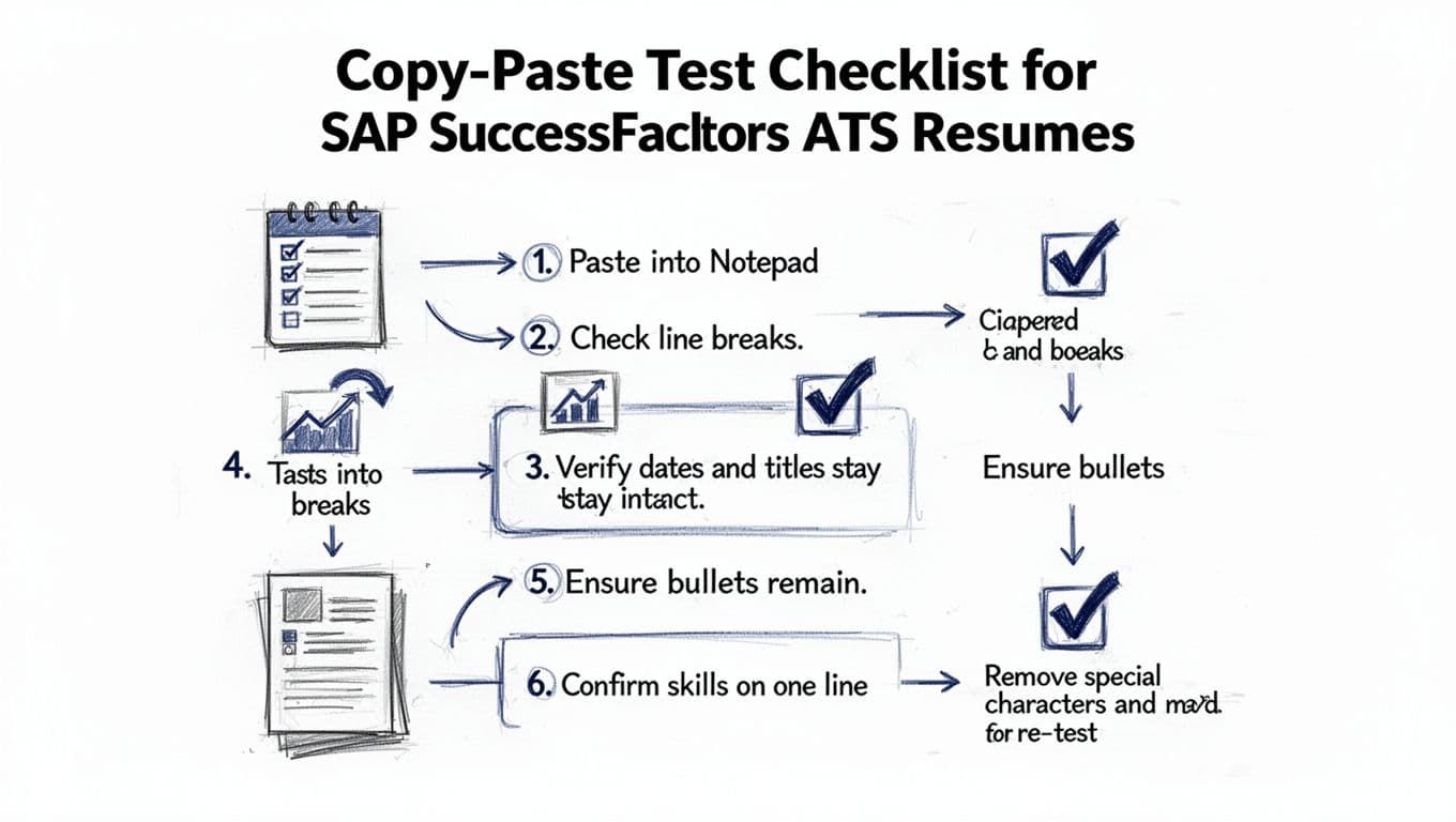 Hand-drawn infographic in black ink and deep blue on white background, featuring a 6-step vertical flow diagram for testing resume copy-paste in SAP SuccessFactors ATS, with simple numbered steps and outline icons like notepad and checkmarks.