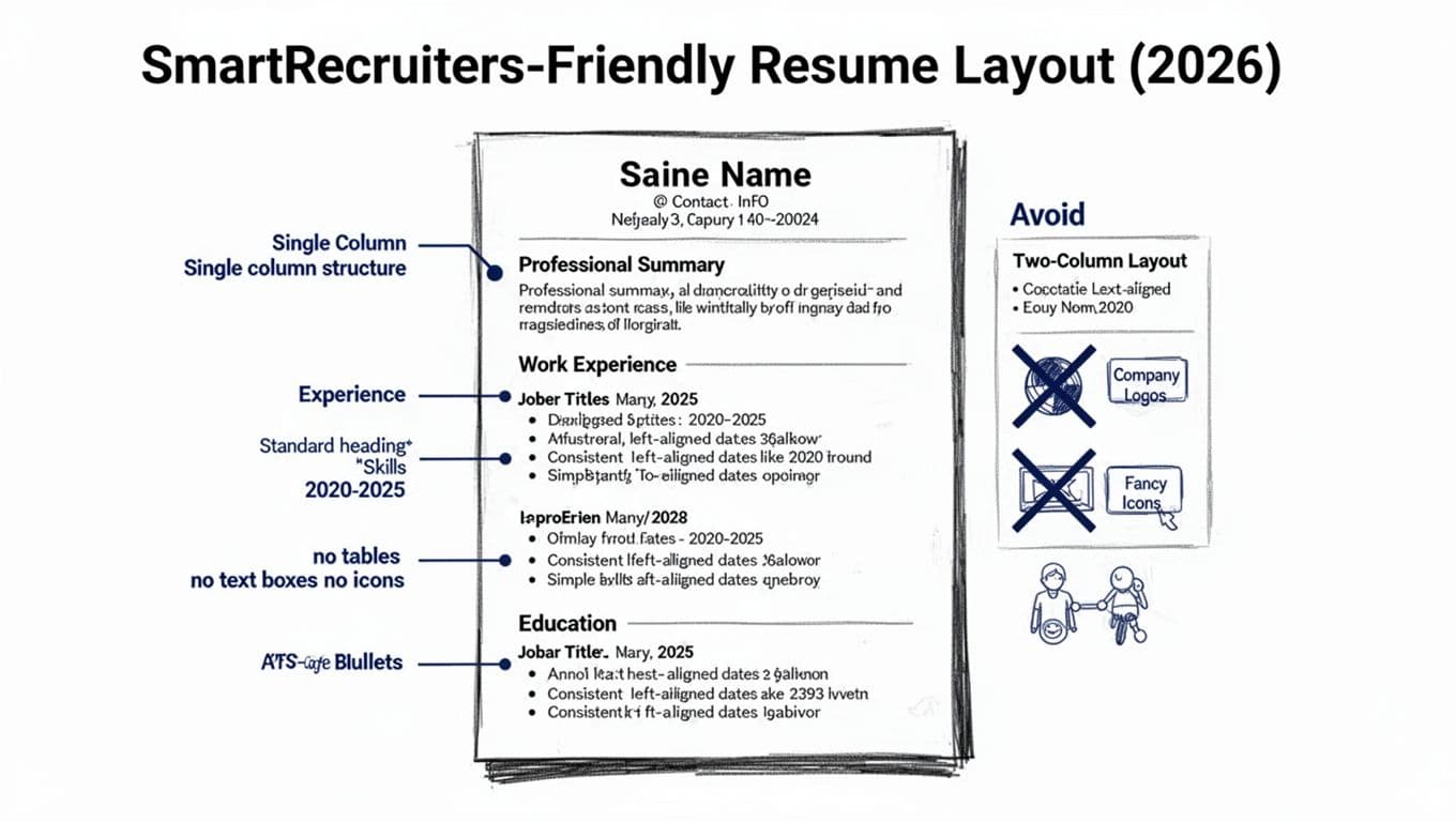 Hand-drawn infographic illustrating a clean, ATS-safe one-page resume wireframe in single-column layout with header, summary, skills, experience, and education sections, featuring deep blue callouts for best practices and a side panel of elements to avoid.