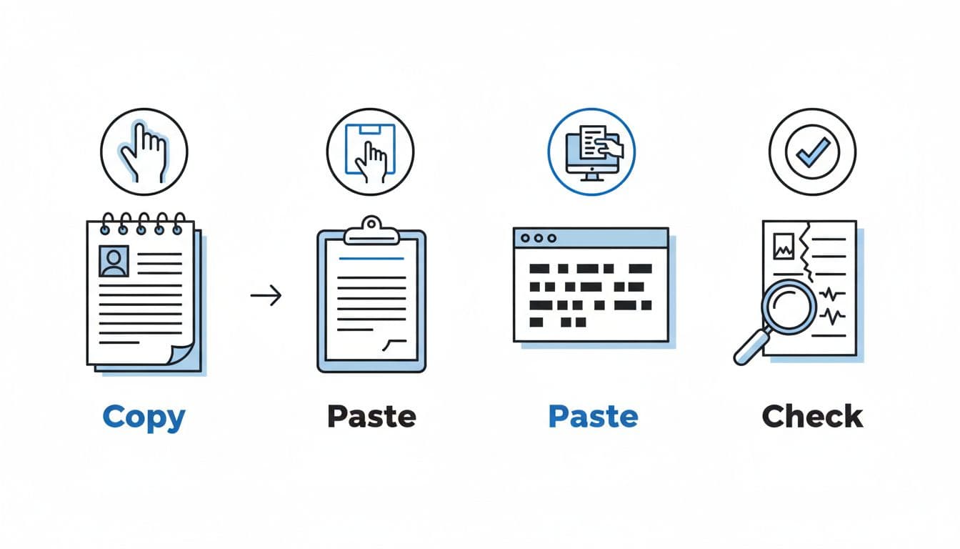 Hand-drawn line art infographic in blacks and blues depicting the 4-step copy-paste process for checking resume formatting in ATS systems: notepad with text, copy, paste into plain editor, and check.