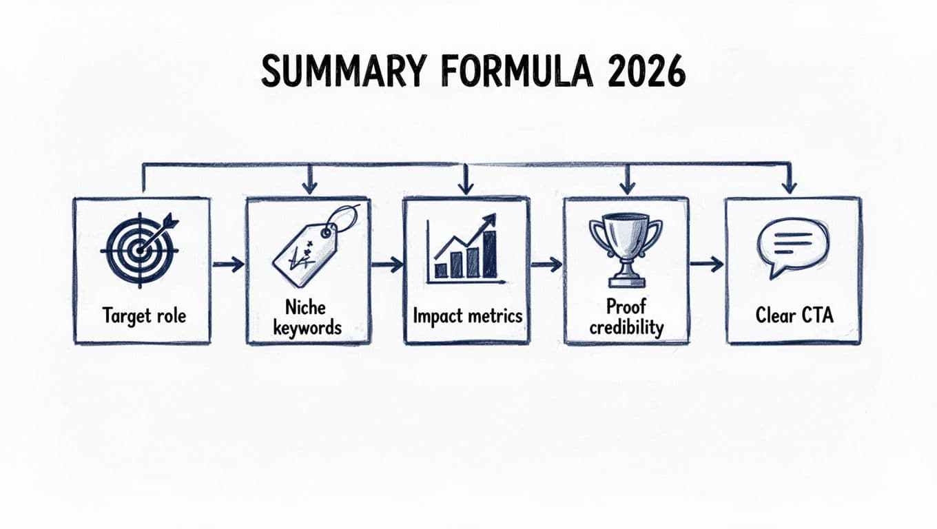 Hand-drawn illustration using black and deep blue lines on white background, featuring a horizontal flowchart with five connected boxes: Target role, Niche keywords, Impact metrics, Proof credibility, and Clear CTA, including simple icons and legible typography.
