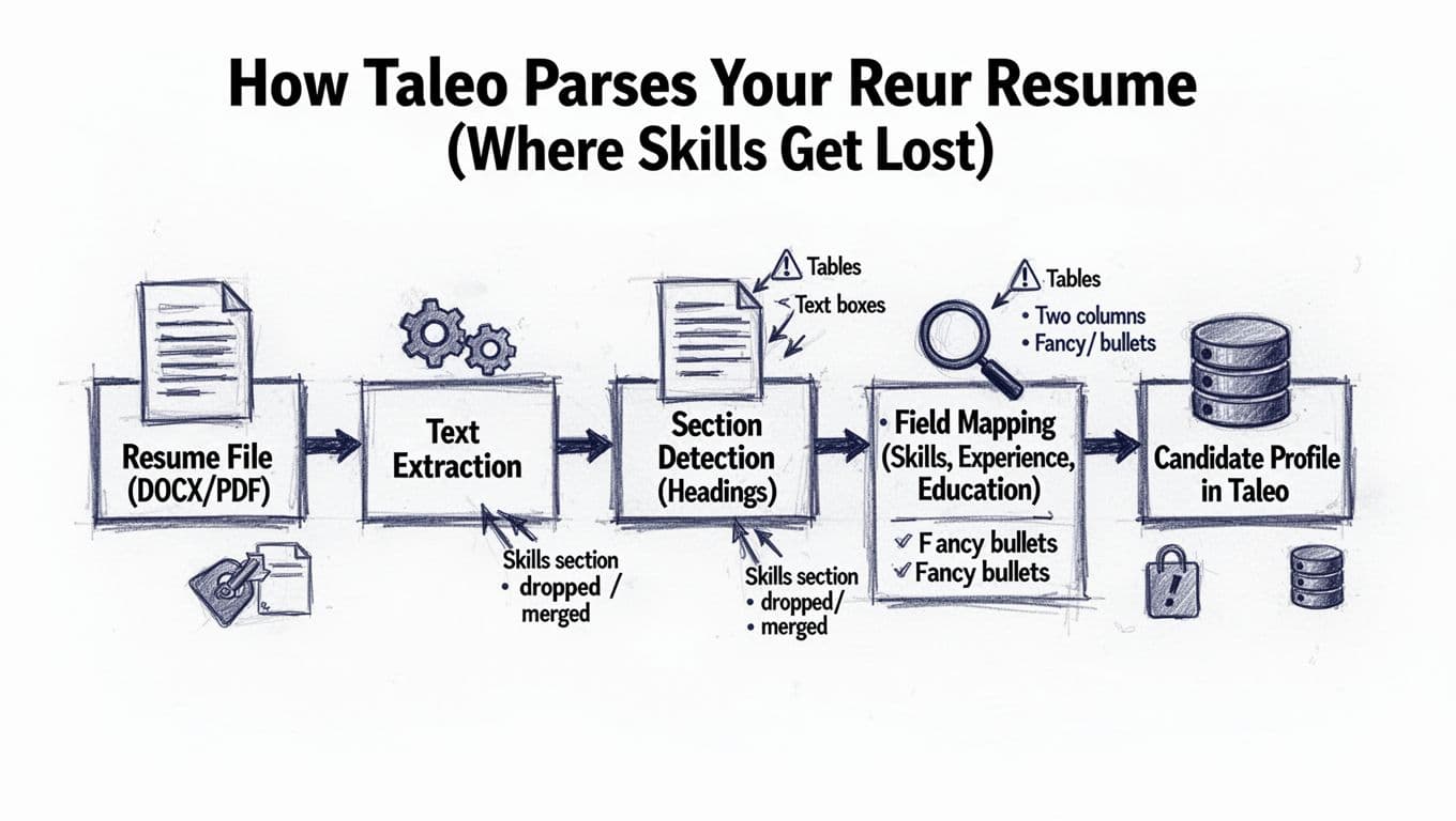 Hand-drawn ink sketch flow diagram in black and deep blue lines on white background, showing five steps of Taleo resume parsing process with warning callouts for formatting issues like tables and columns that cause skills to be dropped.