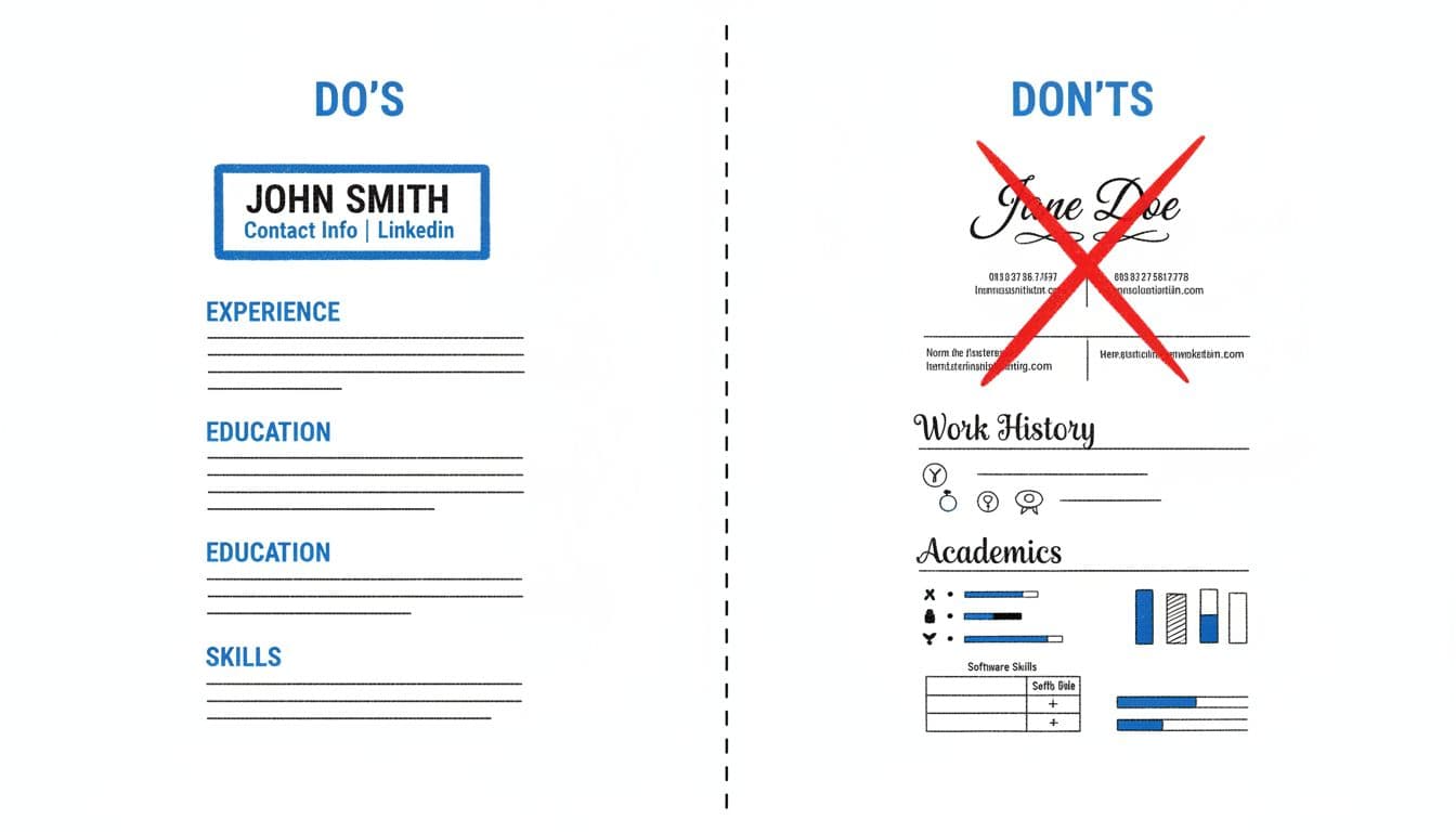 Hand-drawn minimalist infographic in blacks and blues on white background, illustrating do's (single column, standard headings, simple fonts) versus don'ts (multi-column, fancy headings, decorative fonts, tables, icons, graphics) for Teamtailor ATS resume format.