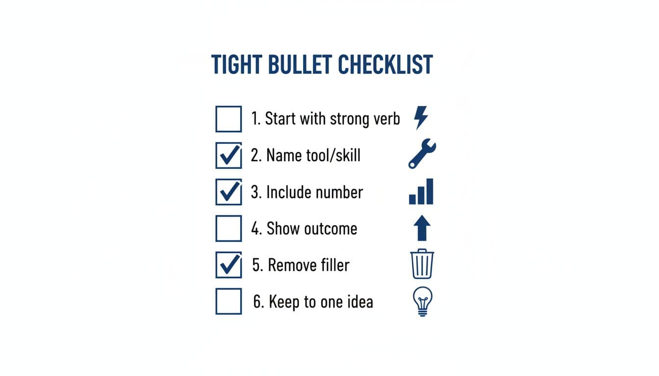 Minimalist hand-drawn illustration of a vertical checklist with six steps and icons for crafting effective bullet points: strong verb, tool/skill, number, outcome, no filler, one idea.