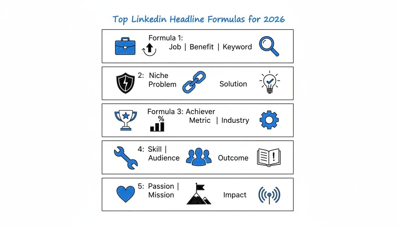 Clean hand-drawn line art infographic showing five vertical LinkedIn headline formulas with icons for job title, value, and keywords on a white background.
