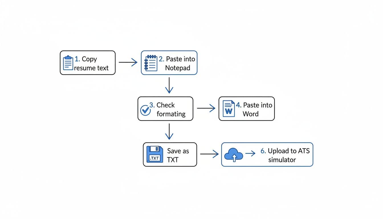Hand-drawn step-by-step flowchart showing the copy-paste test process for resumes in UKG Pro ATS, from copying text to uploading to the simulator, with icons and arrows.