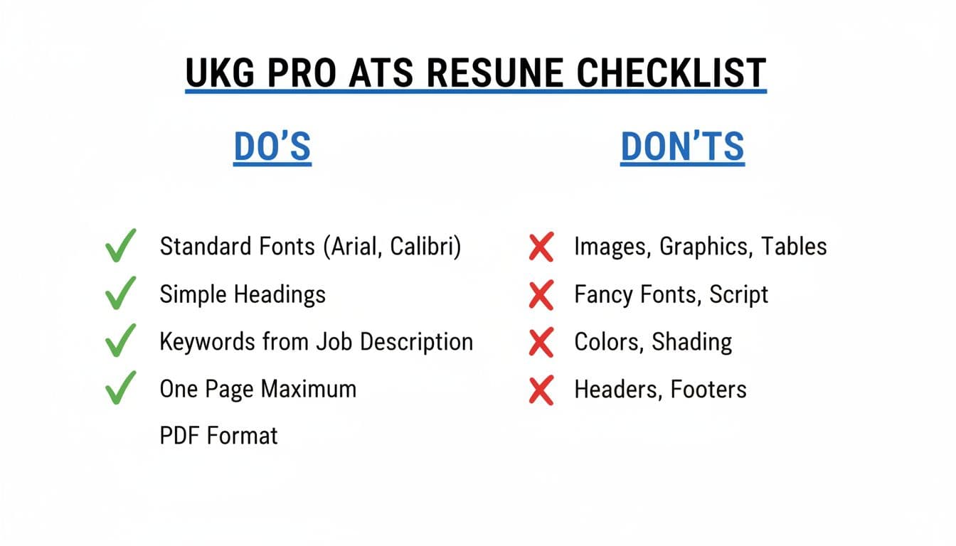 Hand-drawn illustration of a UKG Pro ATS resume format checklist infographic with Do and Don't columns, featuring green checkmarks for best practices and red X's for common mistakes.