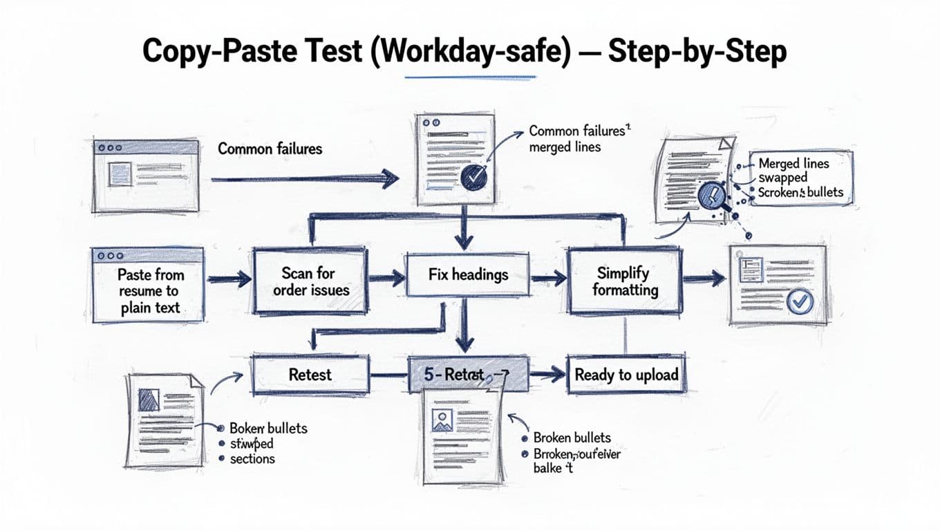 Hand-drawn ink sketch illustration of a minimal 6-step flowchart for safely copy-pasting resume content into Workday, featuring arrows, simple icons, and callouts for common issues like merged lines and broken bullets on a clean white background.