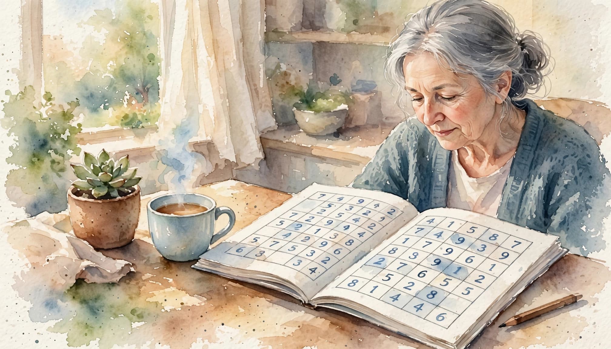 An older woman with grey hair reads a large-print number puzzle book at a table with a cup of tea.