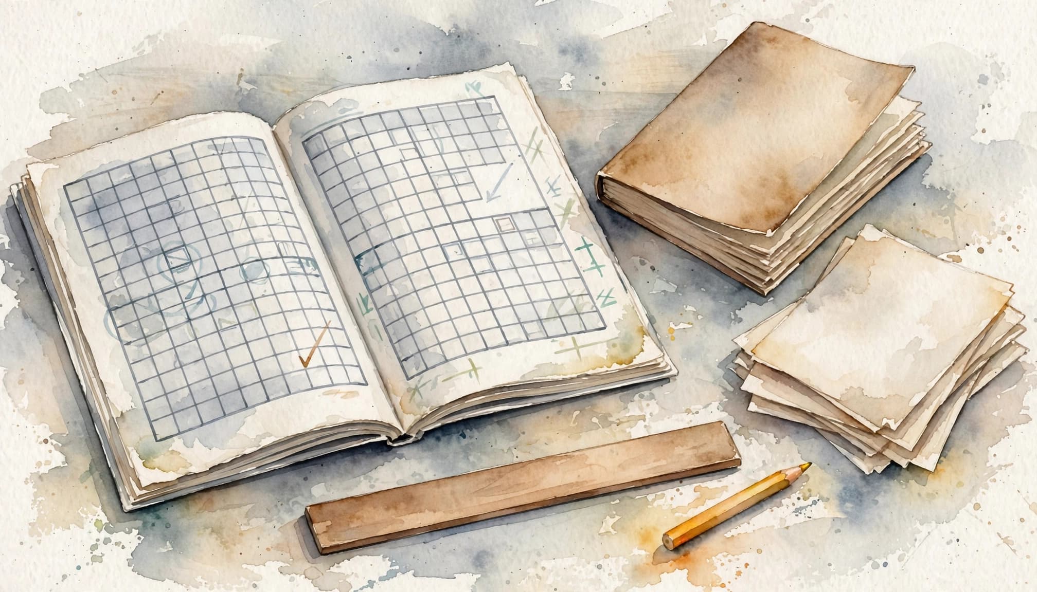 A watercolor painting of an open puzzle book with grid marks, a ruler, pencil, and a stack of papers.