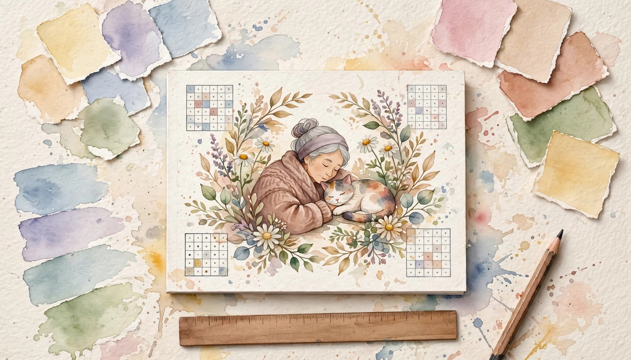 Watercolor painting of a book cover with an elderly woman and cat, surrounded by craft supplies.
