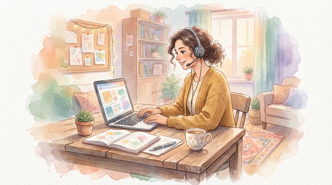 An online teacher working on a laptop at a wooden desk in a cozy room.