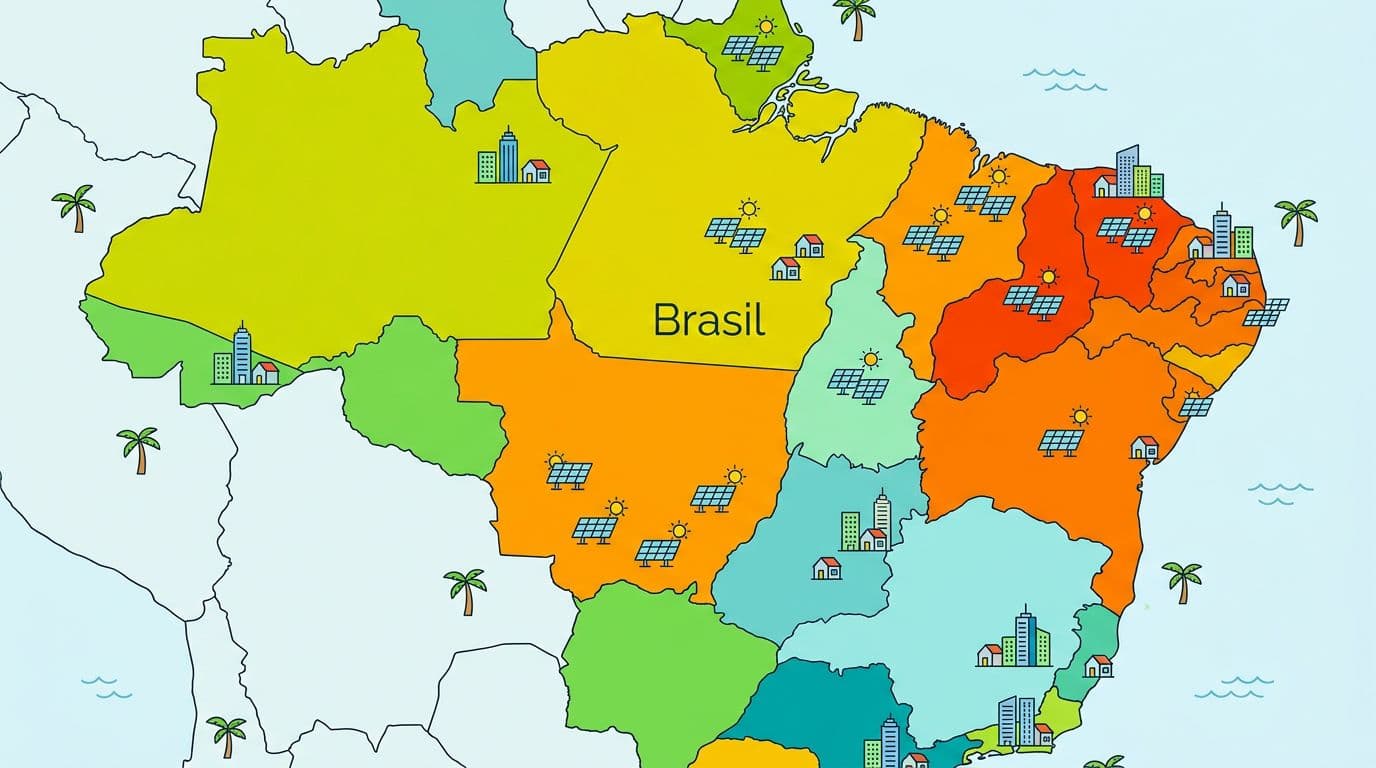 A color-coded map of Brazil highlighting regional differences in Fio B charges for electricity distributors, with icons for solar farms and cities, in a simple illustrative style under bright daylight.