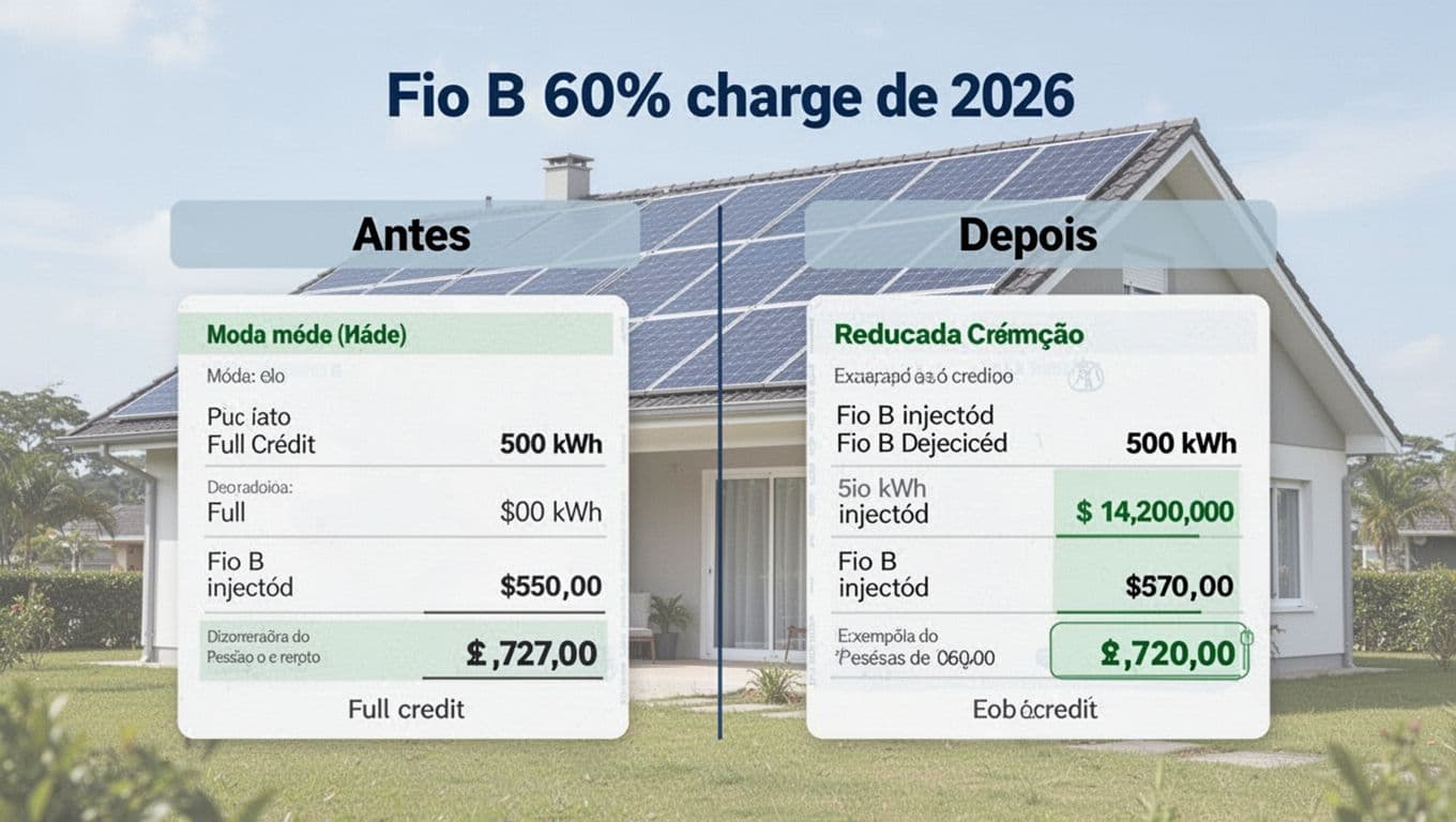 Simple infographic comparing Brazilian electricity bills before and after Fio B 60% charge in 2026: left side shows old full credit model, right side reduced credit with 500 kWh injected and Fio B deduction. Background features house with solar panels in clean modern style with light colors and two columns labeled Antes and Depois.