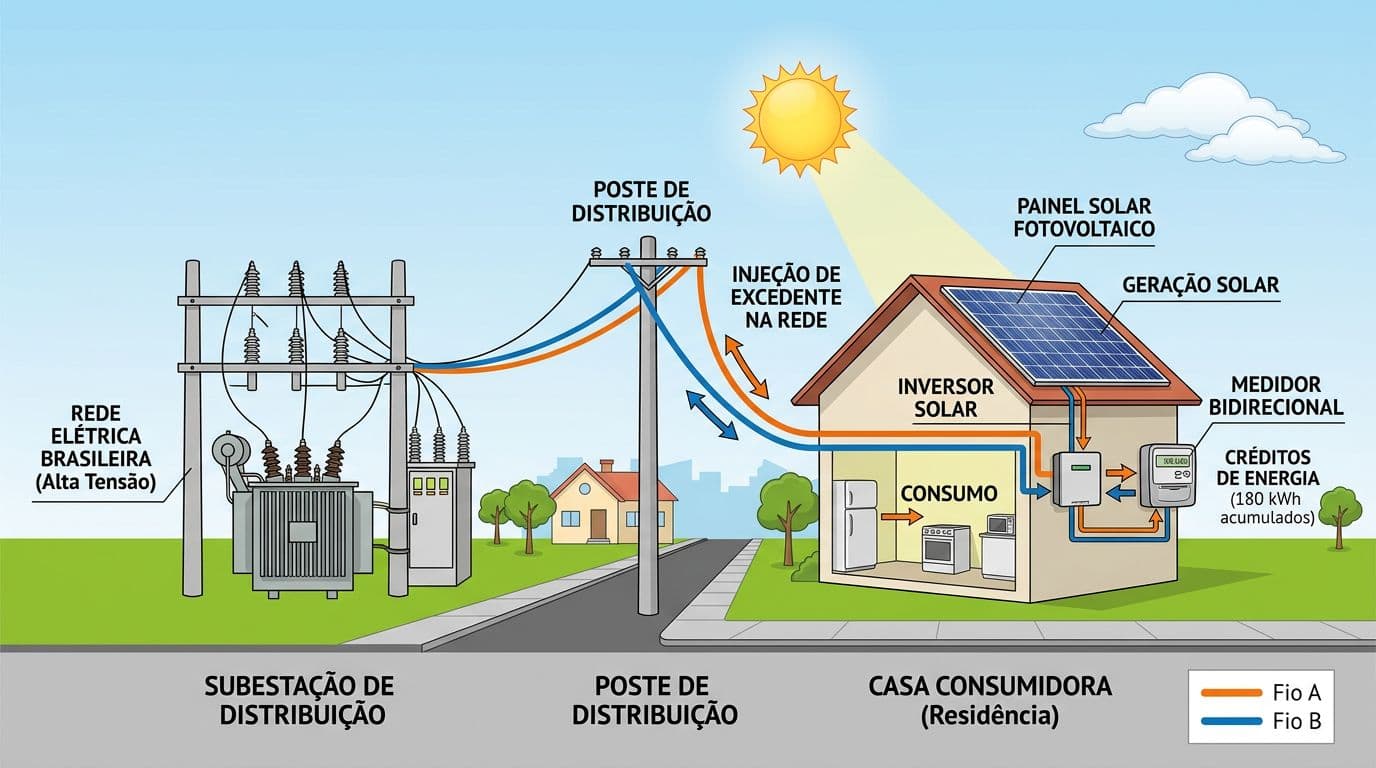 Clean technical illustration of Brazil's electrical distribution network with solar panels injecting excess energy, a house consuming grid power with credits, and visually highlighted wire A and B lines without text.
