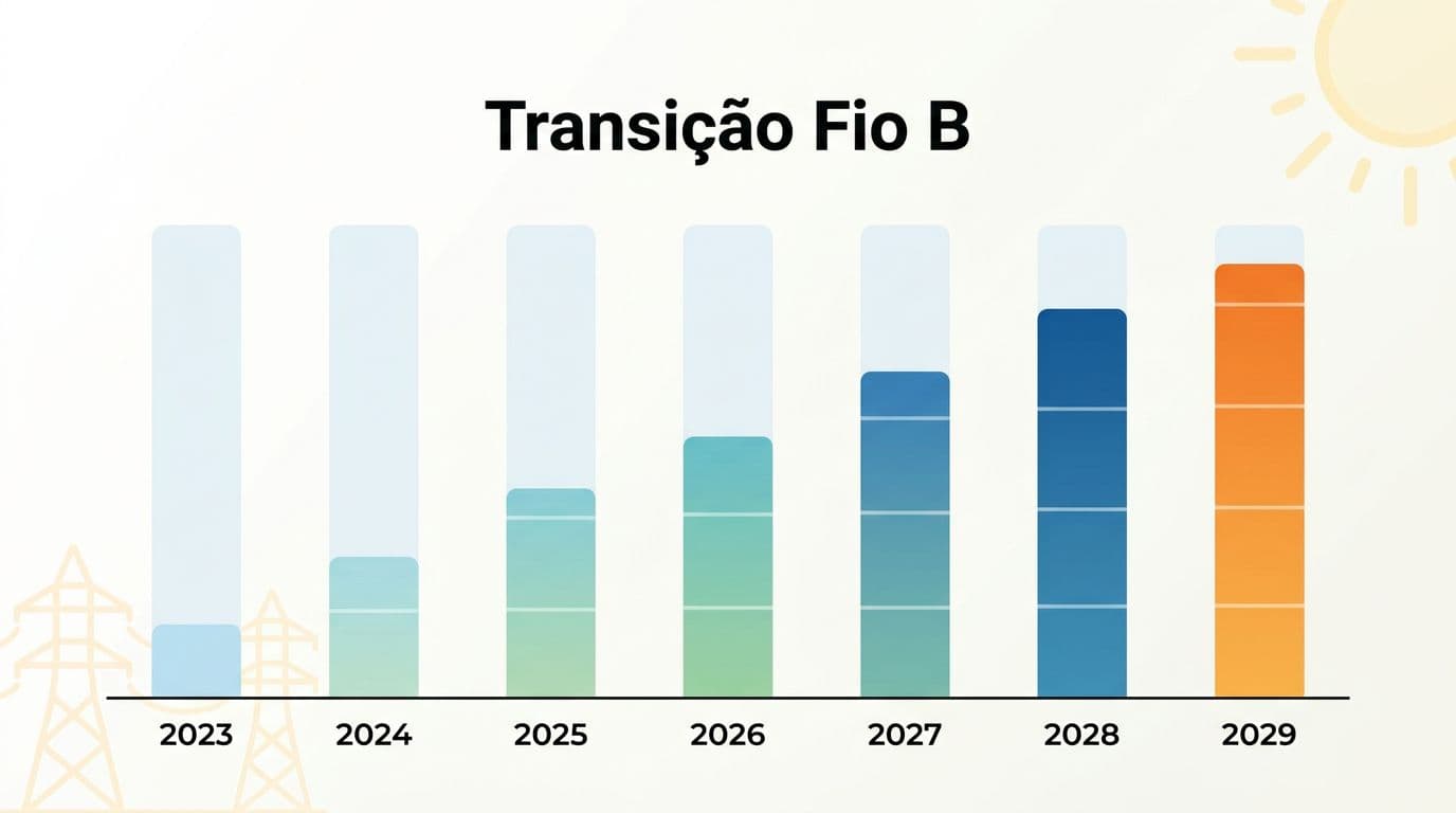 Cronograma visual simples da transição do Fio B de 2023 a 2029, com barras de porcentagem crescendo em fundo claro, ícones de sol e rede elétrica, no estilo infográfico minimalista.