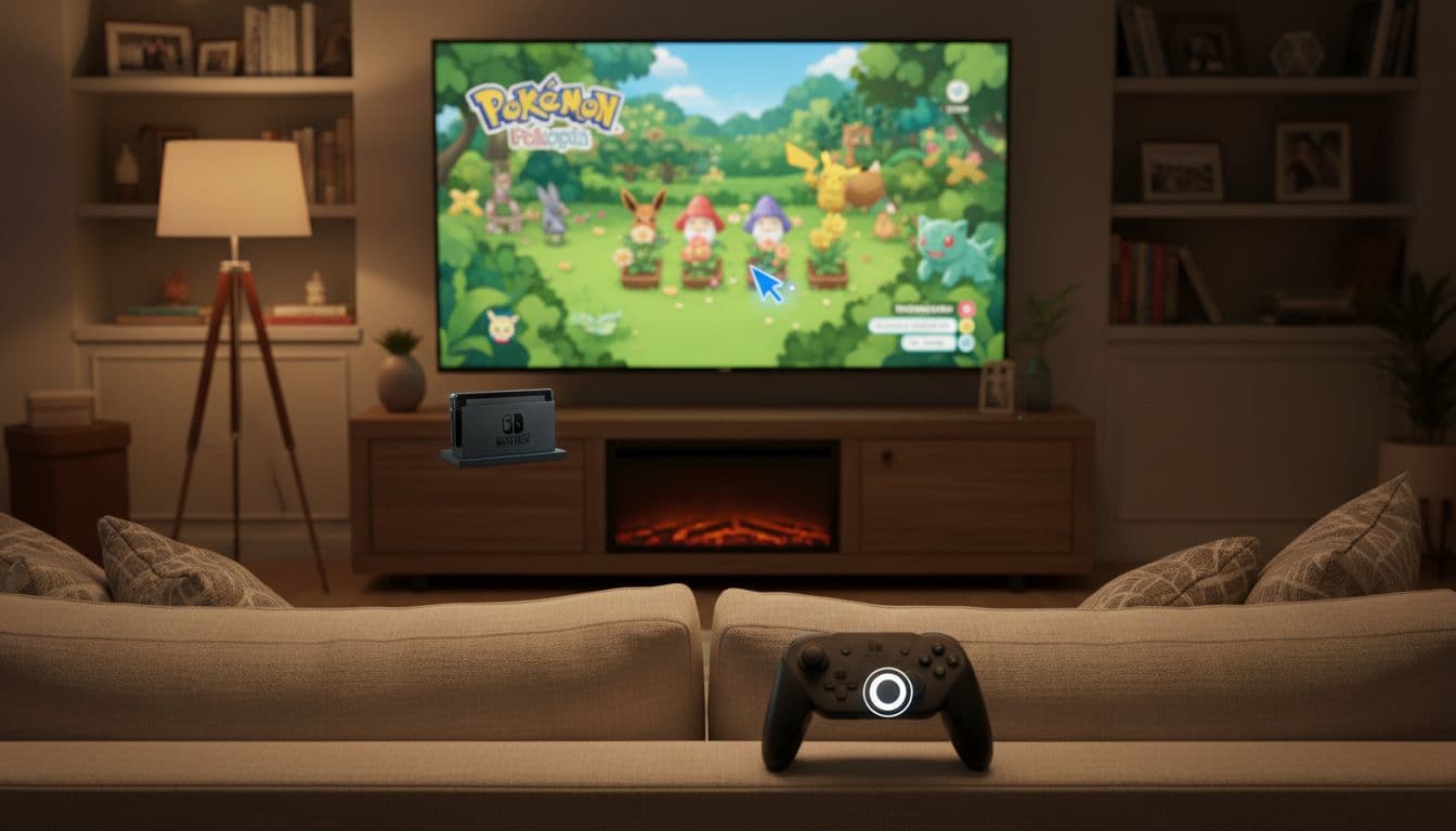 Nintendo Switch 2 docked on a TV in a cozy living room displays Pokémon Pokopia gameplay featuring a precise cursor placing decorations in a Pokémon habitat, with Joy-Con 2 controllers on the couch highlighting mouse-style aiming, captured in realistic evening lighting.