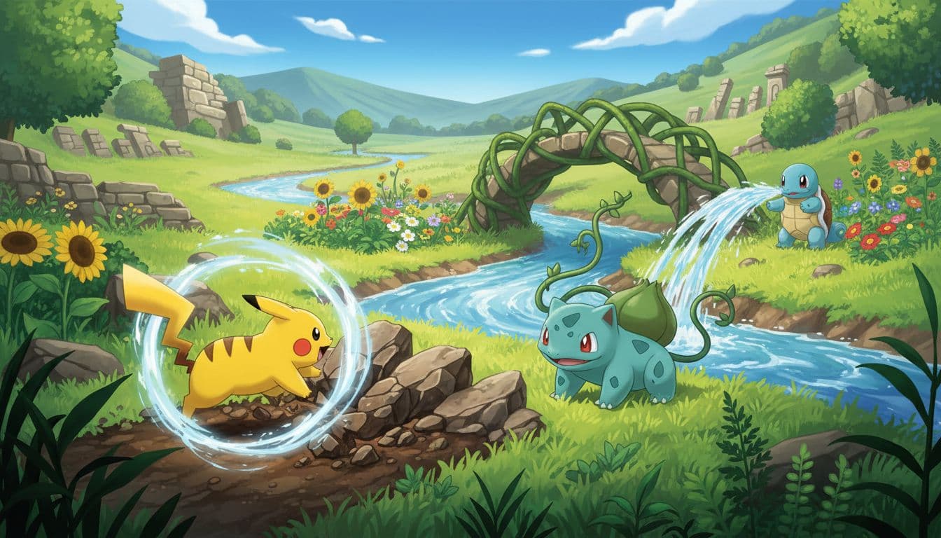 Pikachu breaks rocks with Quick Attack, Bulbasaur forms a vine bridge over a stream, and Squirtle waters flowers in a vibrant half-restored valley with lush grass, in official Pokémon art style on a sunny day.