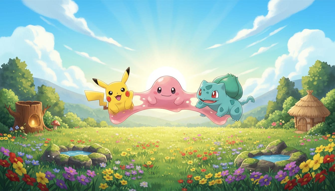 Three pink Dittos transform side by side into Pikachu and Bulbasaur in a sunny meadow with wildflowers and habitats, rendered in vibrant Pokémon game art style with soft natural lighting.
