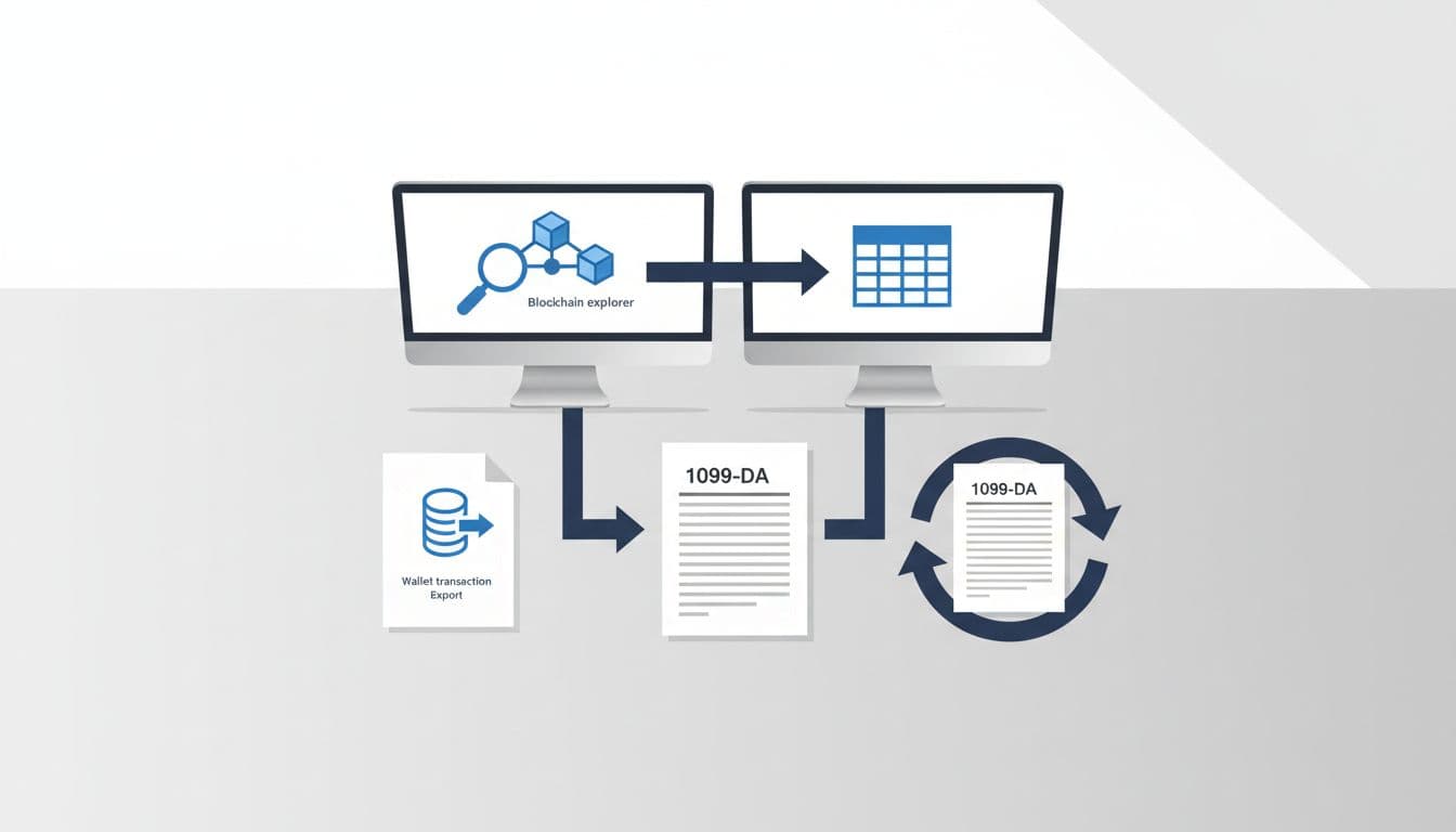 Blockchain explorer data and wallet exports reconciling IRS Form 1099-DA for cryptocurrency tax reporting.
