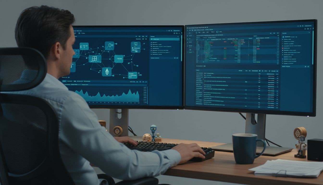 An accountant relaxes with hands on keyboard, reviewing on-chain transactions on dual monitors displaying Ethereum and Solana explorers in a realistic office with coffee mug and #112C50 chart highlights.