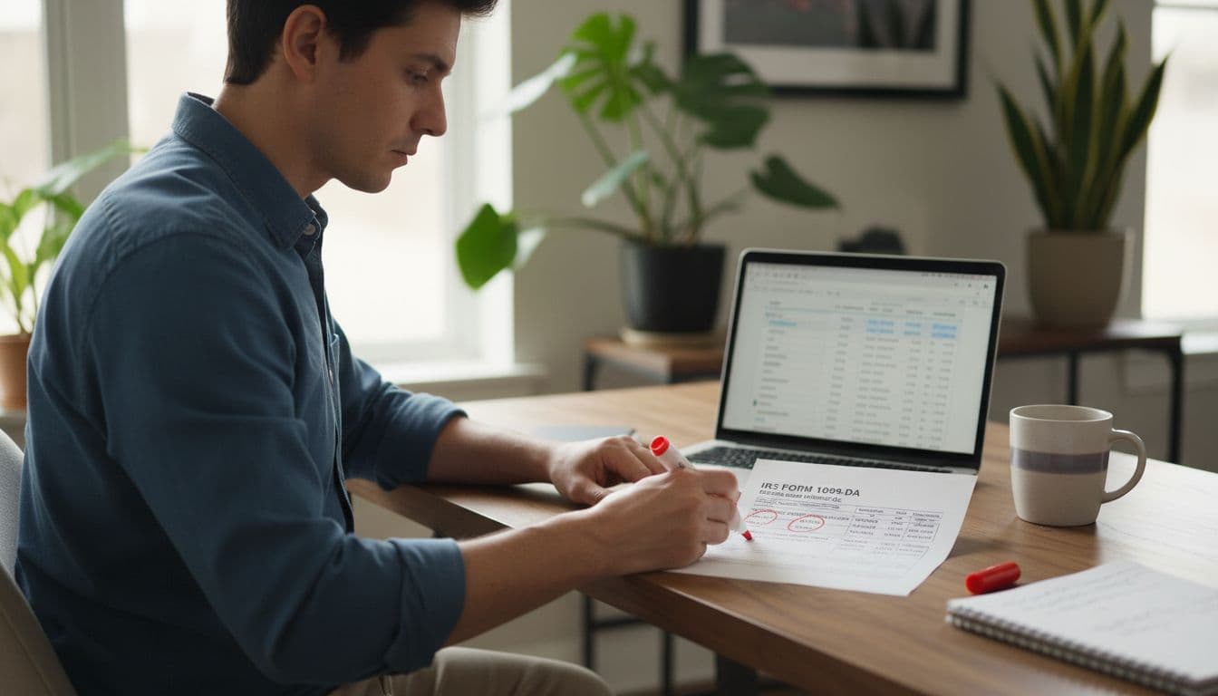 Man reviewing IRS Form 1099-DA and laptop, highlighting discrepancies in crypto transaction records.