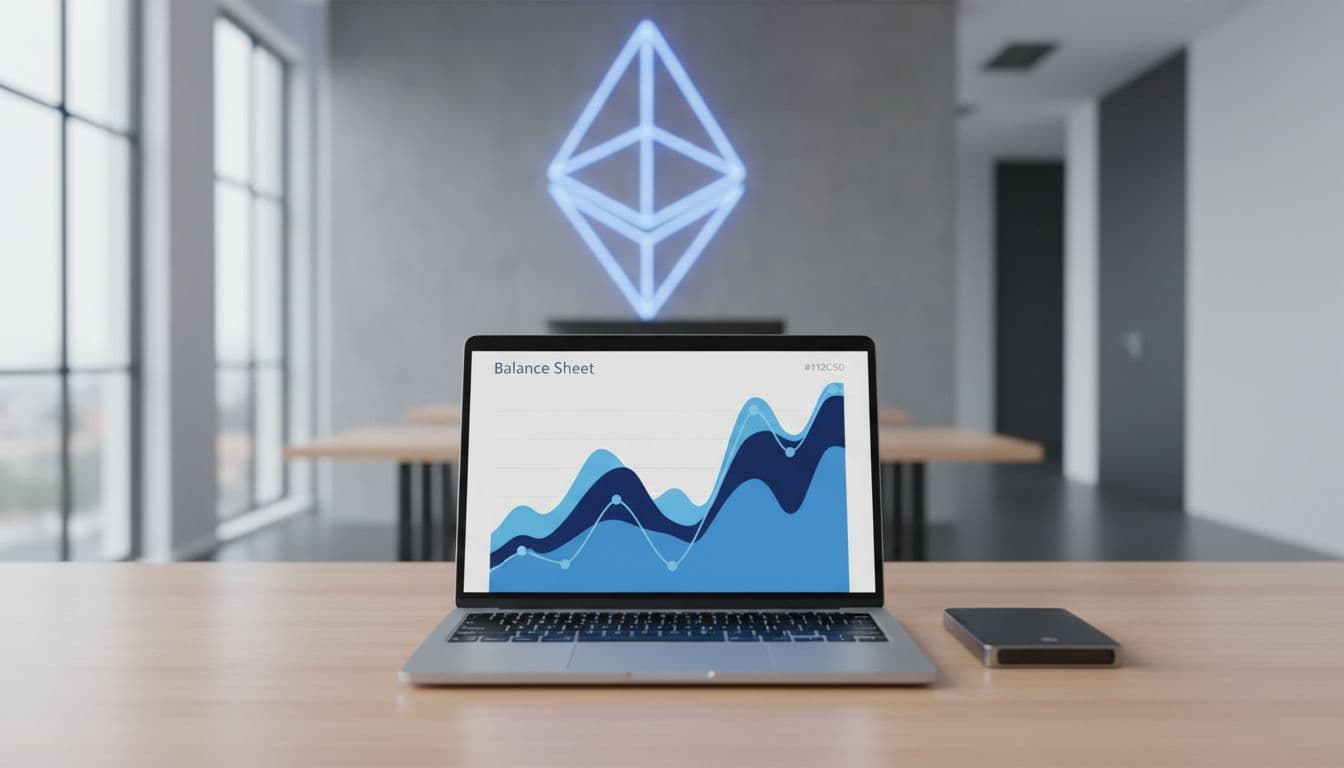 Top-down view of a clean modern desk with a laptop displaying a simplified crypto balance sheet graph in blue tones accented with #112C50, next to a hardware wallet and subtle Ethereum logo in a professional office setting.