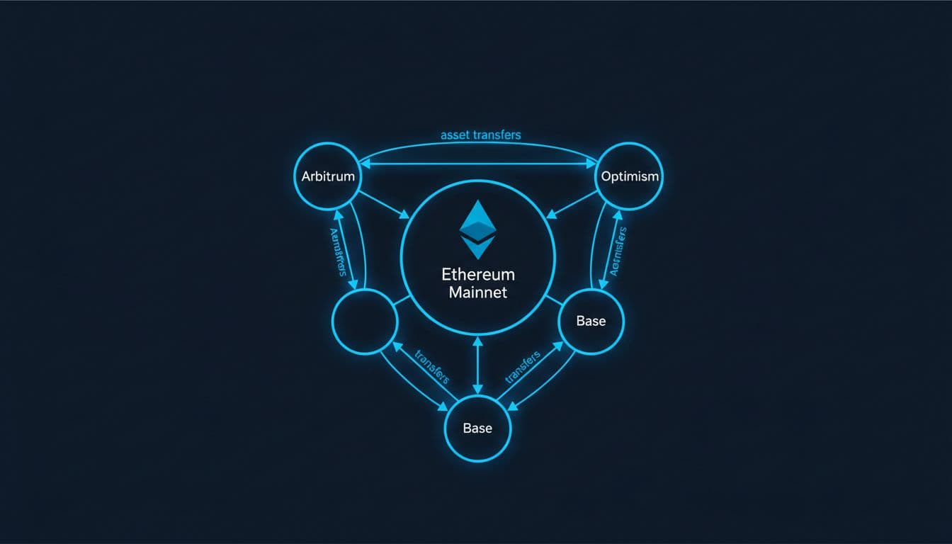 Ethereum Mainnet and Layer 2 blockchains: Arbitrum, Optimism, and Base asset transfers diagram.