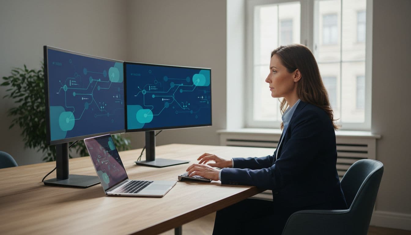 Professional reconciling crypto transactions on dual monitors and laptop, illustrating Web3 accounting and on-chain reconciliation for L2 blockchains.