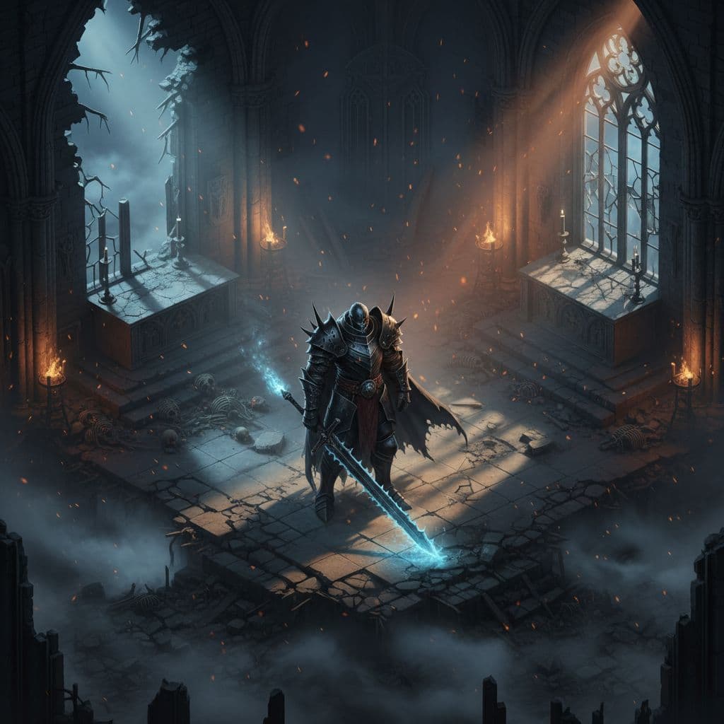 A heavily armored warrior stands amidst the misty debris of a crumbling gothic cathedral.