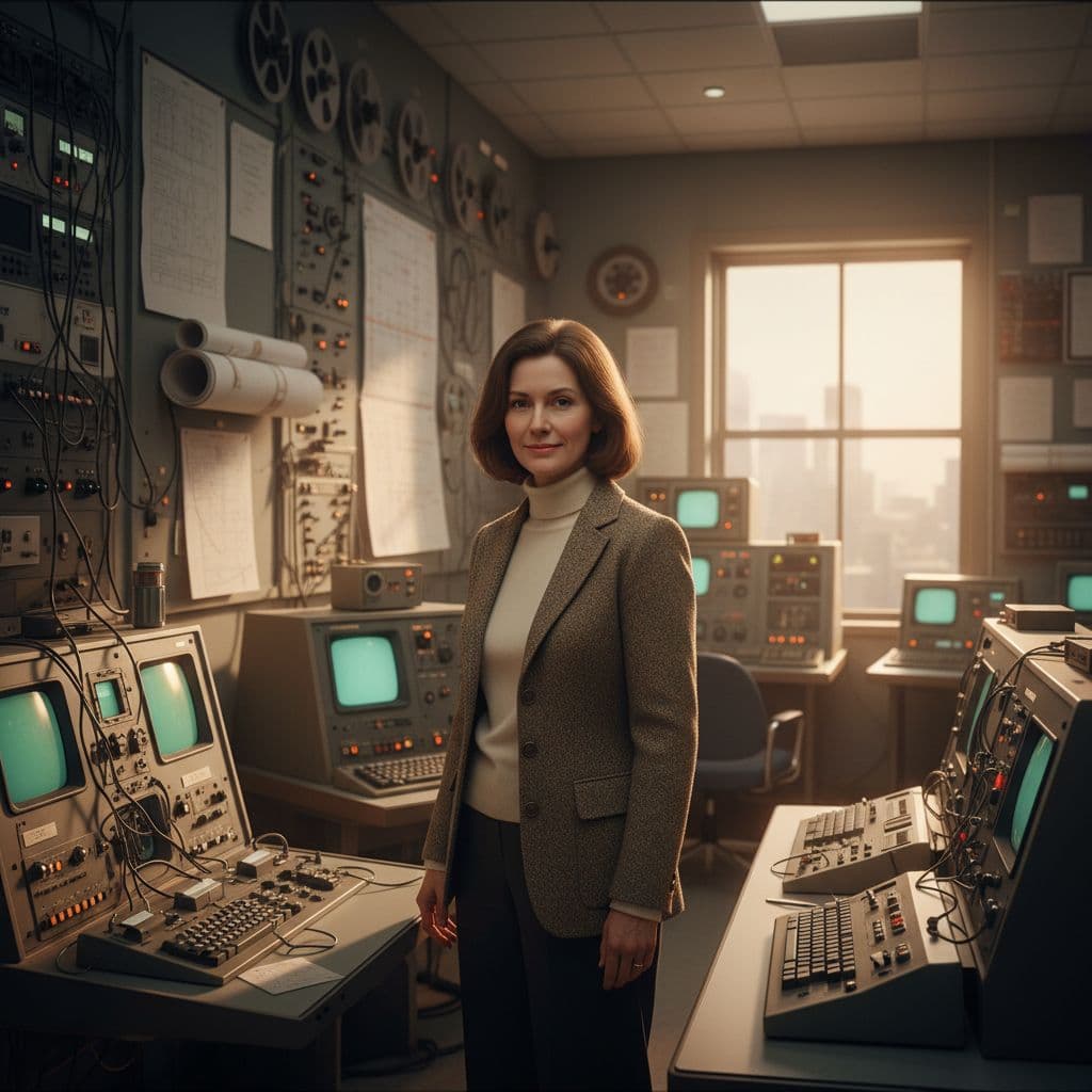 Female astronomer stands in 1970s NASA control room with vintage consoles and charts.