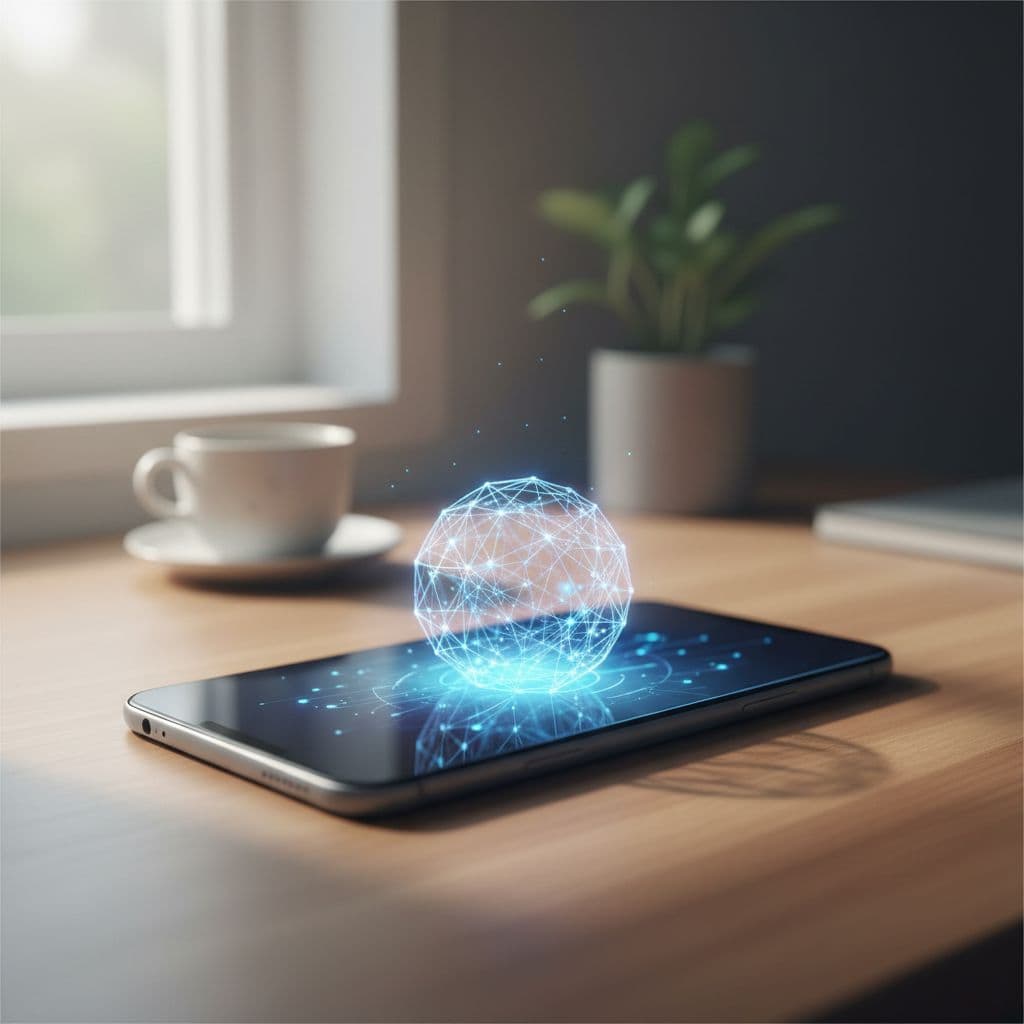 Modern smartphone on cozy desk shows abstract glowing orb on screen.