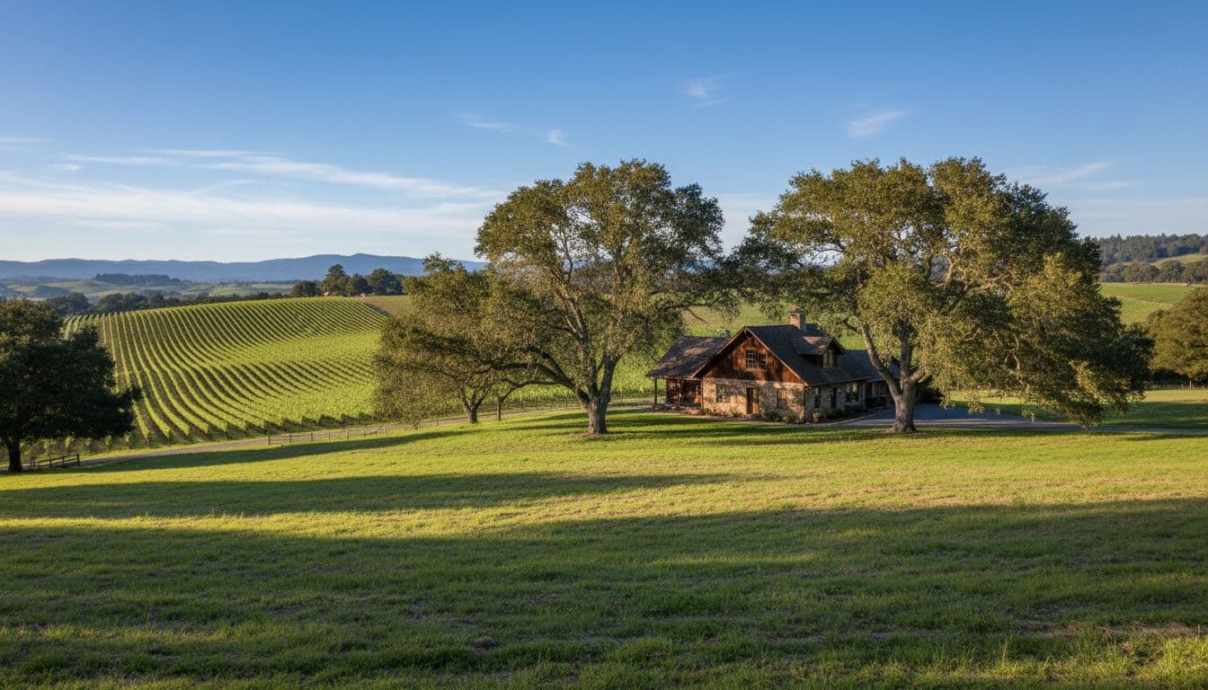Cozy farmhouse among oak trees with distant vineyards and rolling green hills under clear blue sky.