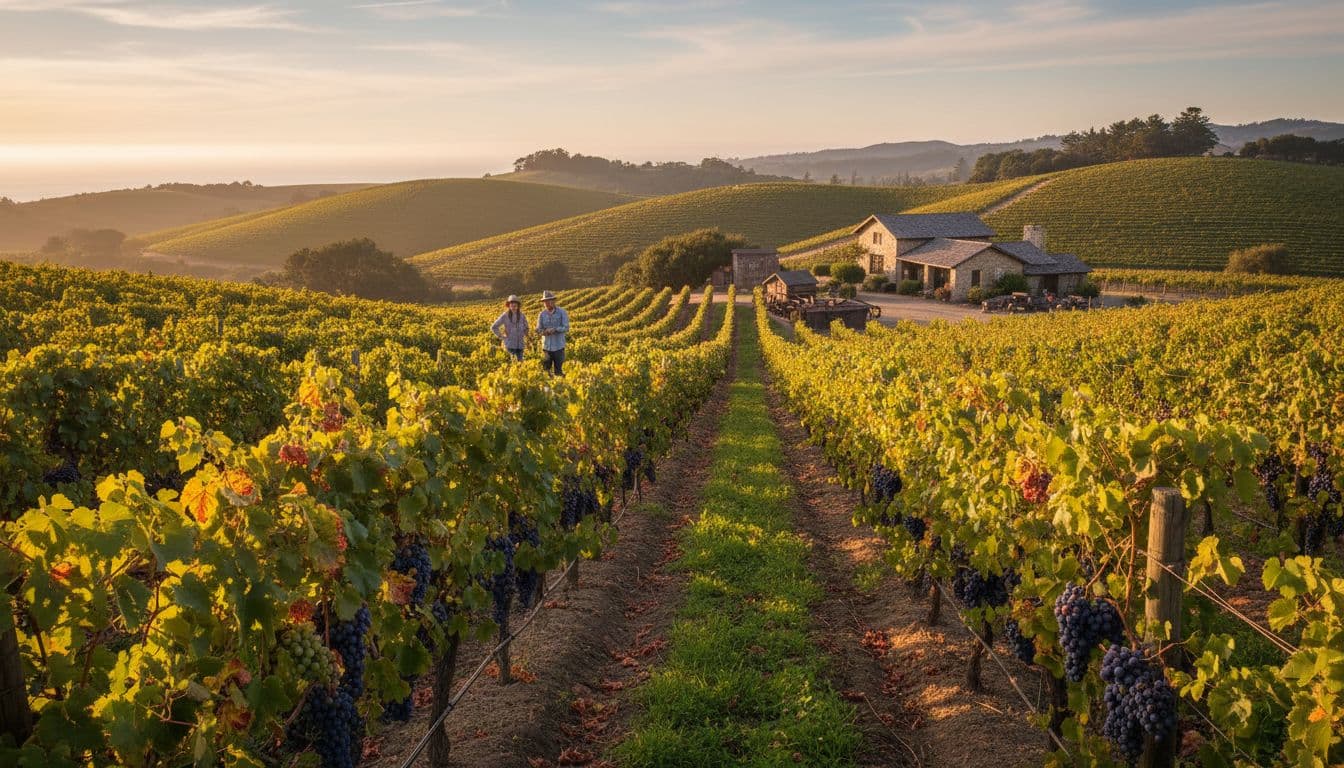 Lush grapevines cover rolling hills in Sonoma Coast vineyard at harvest, two distant workers in golden sunlight.