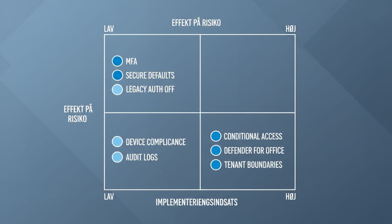 Infographic 2x2 matrix prioritizing generic security actions by implementation effort (low to high horizontal) and effect on risk (low to high vertical), with dots for MFA, Conditional Access, Secure Defaults, and others in respective quadrants.