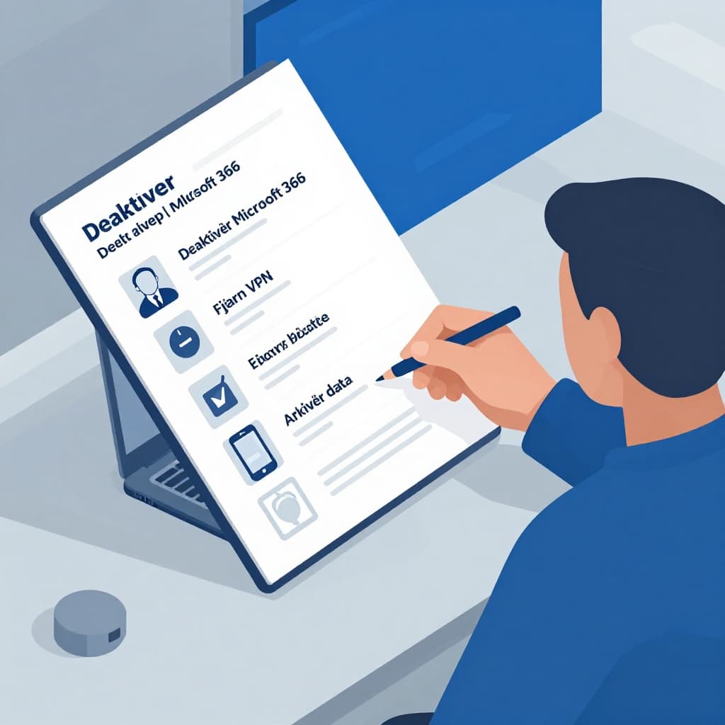 Modern professional B2B 3D isometric illustration of IT offboarding process steps for small and medium businesses, featuring a checklist with Danish-labeled icons for deactivating Microsoft 365, removing VPN access, archiving data, and more, held by one person against a neutral office background.