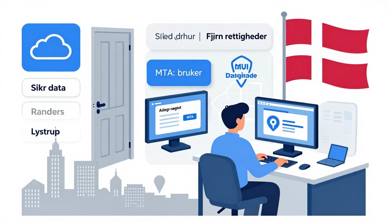 Modern 3D isometric illustration of an IT expert securing data during employee offboarding in a Danish SME near Aarhus, featuring locked cloud, deleted user access, and 'Access Denied' screen.