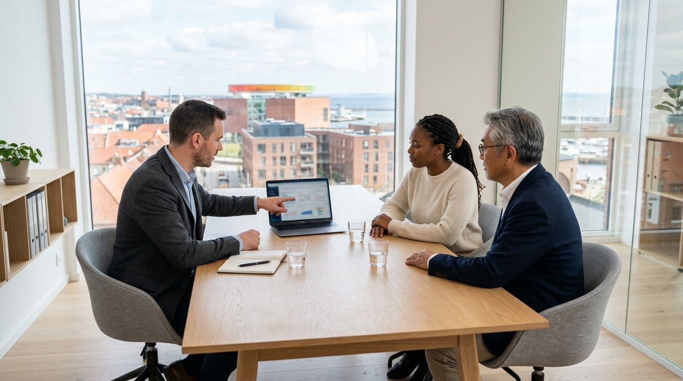 Three diverse business professionals—two men and one woman—in a modern Danish small business office in the Aarhus area, sit around a conference table. One points to a laptop screen showing an abstract IT dashboard while the others listen attentively, emphasizing collaboration and problem-solving in Scandinavian minimalist style.
